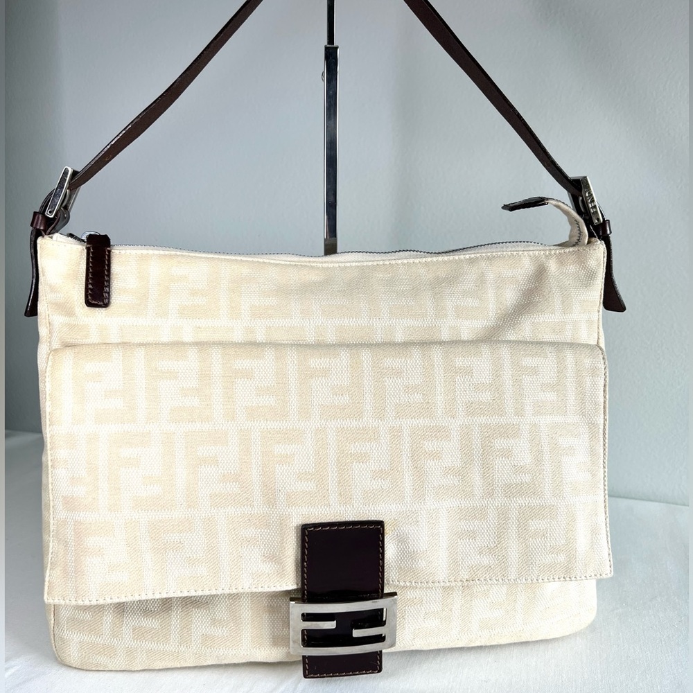 Fendi Ivory Zucca Mamma FF Monogram Baguette Zip Shoulder Flap Bag